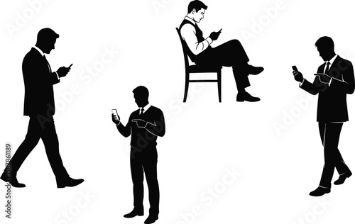 Vector art of a set of silhouette illustrations showing men using smartphones in various poses, including walking, sitting, and standing.