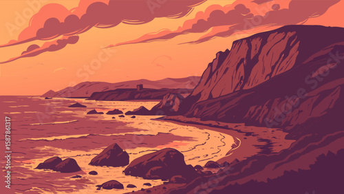 Coastal landscape painting of sunset beach with rocks and cliffs scenic view digital art illustration vector