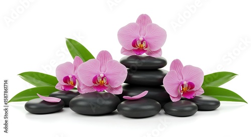 Zen Spa Stones with Purple Orchid Flowers on White – Wellness and Relaxation Concept.