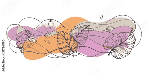 Abstract floral design with pastel colors and line art leaves illustration