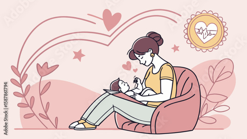 Illustration of mother with baby for healthcare and motherhood design for family love and care concept