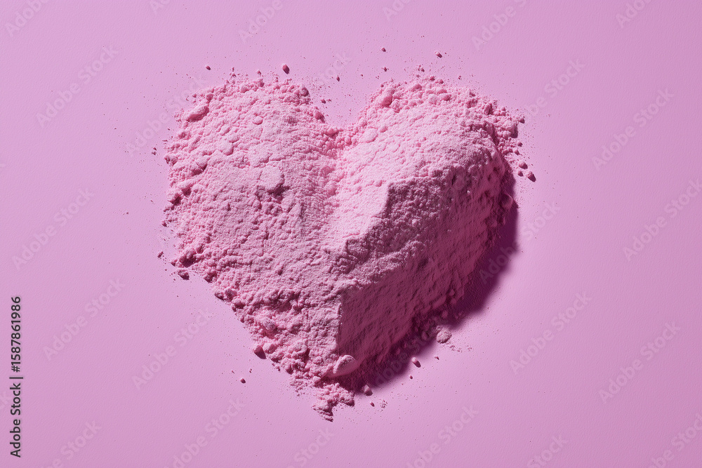 Fototapeta premium A heart made of enzyme powder. Pink powdered heart. Concept: decorative cosmetics.
