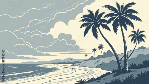 Beautiful tropical beach scene with palm trees and cloudy sky vector illustration design art work