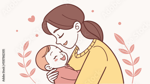 Motherhood illustration of mother holding baby vector design for happy mothers day greeting card concept