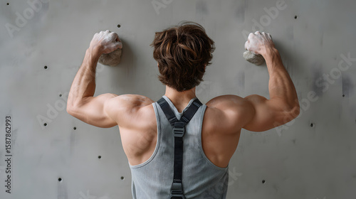 Athlete climbing on a rock wall with strong muscles and focus.