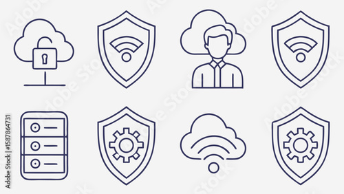 Cloud security and network icons shield wifi