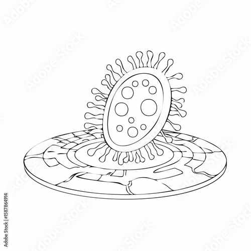 Close-up of a germ enlarged under magnification, showing cellular shape and membrane outline in vector style.