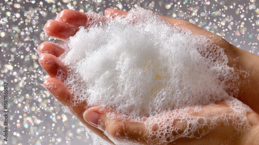 Fototapeta premium Close-up of hands holding a mound of soap bubbles with a sparkling background, creating a clean and refreshing aesthetic.