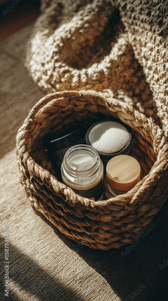 Obraz premium Close-up Basket Filled With Personal Care Items and Woven Rug in Sunlight