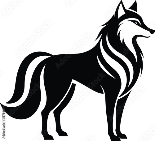 Black and white wolf illustration standing sideways with stylized fur and pointed ears on white