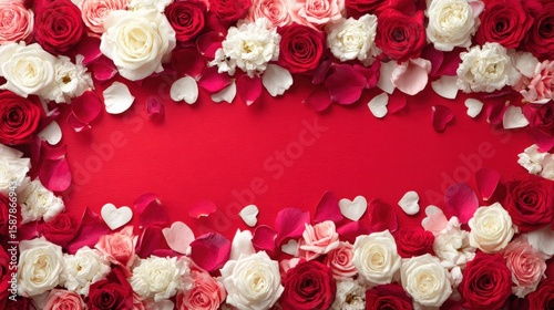 A vibrant red background adorned with a border of red and white roses and scattered petals, creating a romantic and elegant floral frame.