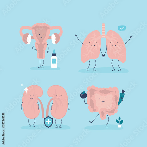 Billede på lærred Cute smiling happy human healthy strong organs set