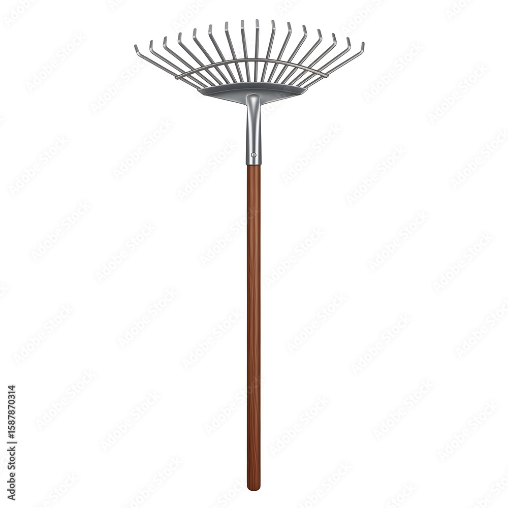 A metal garden rake with a wooden handle, isolated on white background. A metal garden rake with a wooden handle, isolated on white background.