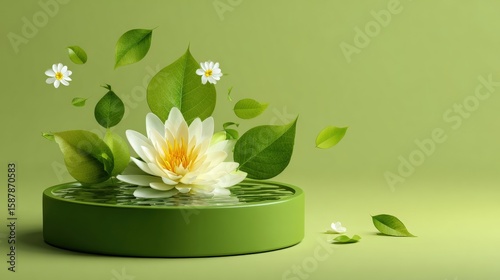 A serene composition featuring a white lotus flower surrounded by floating green leaves and small blossoms on a circular green platform against a soft green background.