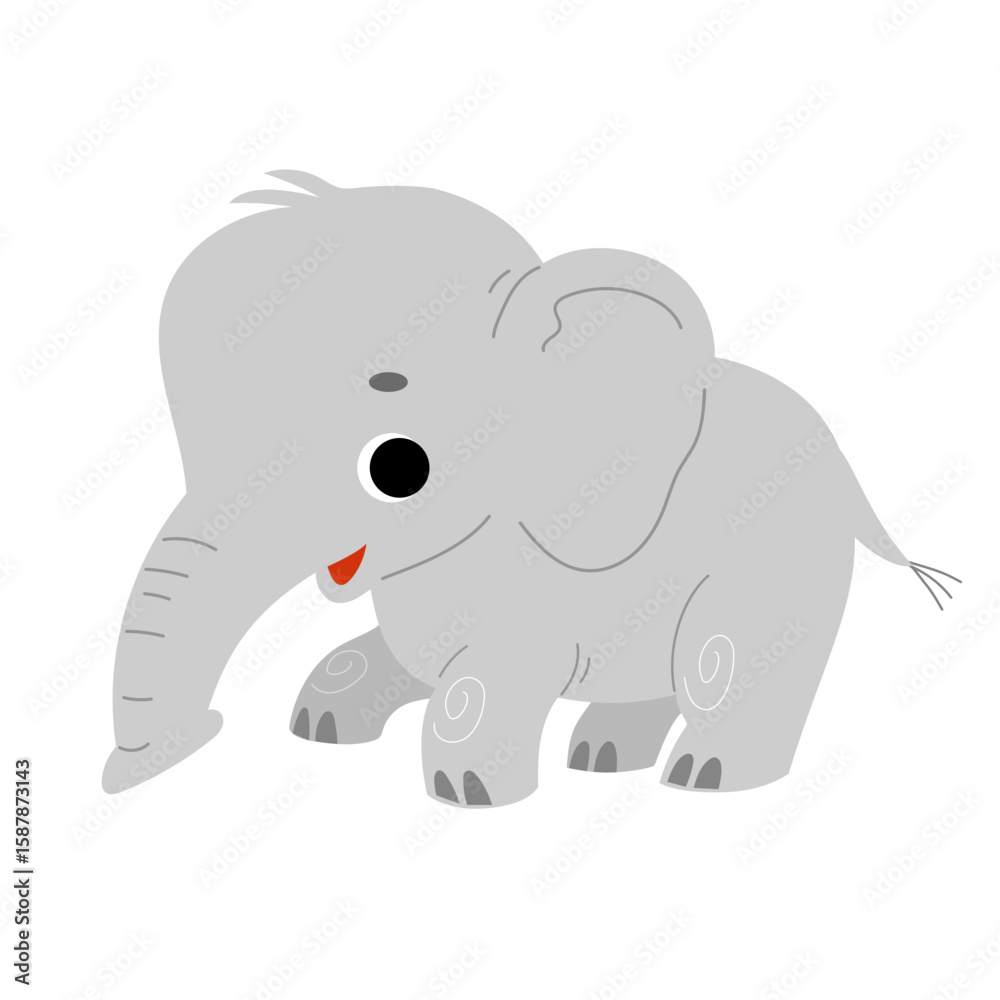 Fototapeta premium Cute gray baby elephant character in flat kawaii style. Isolated cartoon vector illustration on white