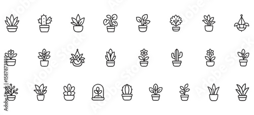 Houseplants Line Icons Pack – Indoor Plant Icons Featuring Cacti, Succulents, Flower Pots, Hanging Plants & Botanical Decor for Home and Garden Design Projects