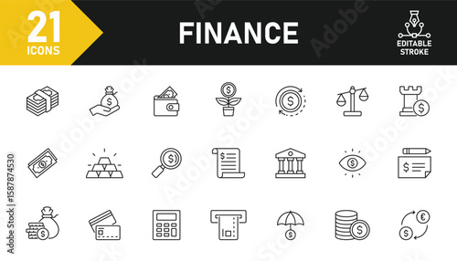 Finance line icon set. Set of 21 outline icons related to finance, income, profit, salary, money, loan, accounting, audit and others. Editable stroke. Vector illustration.