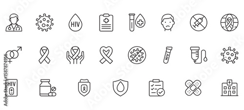 HIV & AIDS Medical Line Icons – Vector Set Featuring Awareness, Prevention, Testing, and Healthcare Symbols