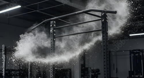 Black metal pull-up bar in a gym setting with white powder explosion. Action shot of exercise equipment with gym interior background.