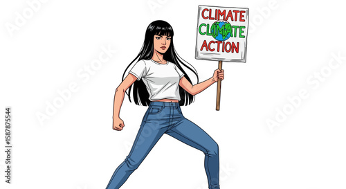 A determined young woman holding a sign advocating for climate action, standing strong.