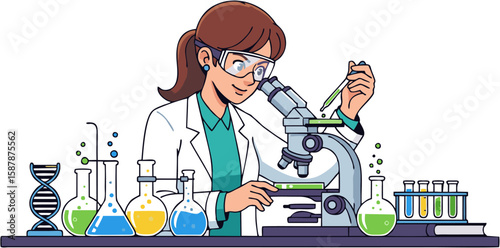 A female scientist is working in a laboratory, using a microscope and various lab equipment.