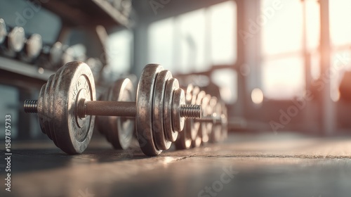 A row of metal dumbbells on a gym floor with sunlight streaming through large windows, creating a warm and focused workout atmosphere.
