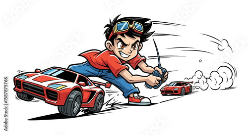 Cartoon boy racing a remote-controlled car,  fast-paced action,  dynamic pose,  speed,  competition.