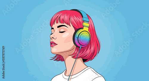 Serene woman with pink hair listening to music through colorful headphones, eyes closed in peaceful enjoyment.