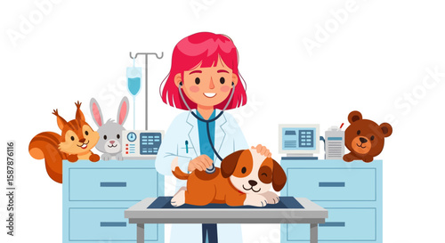 A smiling female veterinarian examines a puppy with a stethoscope on an examination table in a clinic, surrounded by other cute animals.