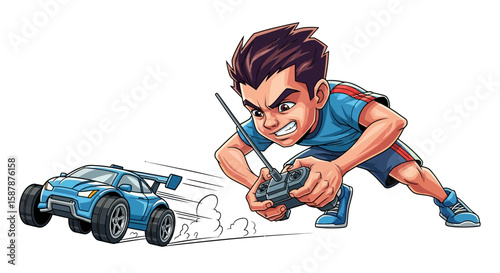 A cartoon boy intensely controls a remote-controlled car, focused on the race.