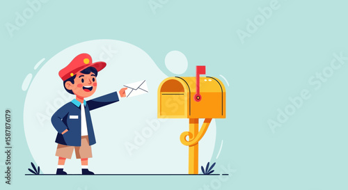 Happy child dressed as postman delivering mail into mailbox.