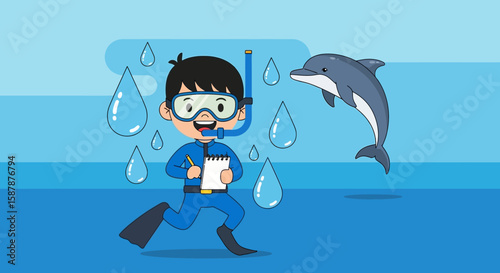 Cartoon illustration of a diver in a blue suit taking notes, surrounded by water droplets, with a dolphin jumping in the background.