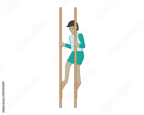 Vector illustration design of a boy playing stilts with two pieces of wood made to look like sticks with a foothold