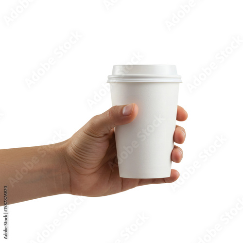Hand Holding White Coffee Cup Takeaway Disposable Paper Beverage Drink Hot