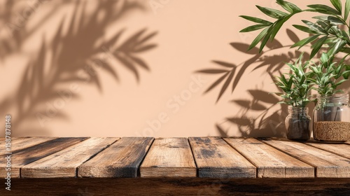 Wooden table with potted plants and leaf shadows on a beige background, creating a natural and serene atmosphere.