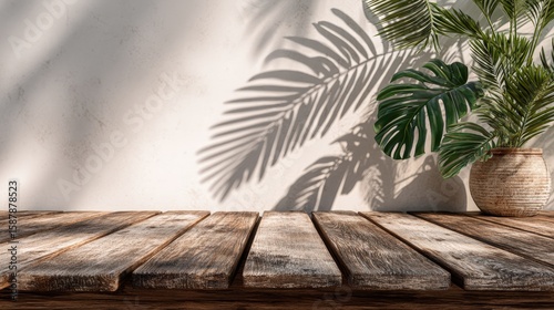 Rustic wooden table with a potted plant casting shadows on a textured white wall, creating a serene and natural ambiance.