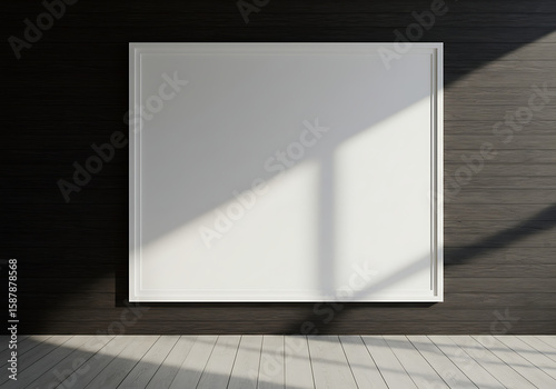 Clean white space within a frame, set against a dark textured wood wall with dynamic lighting.

