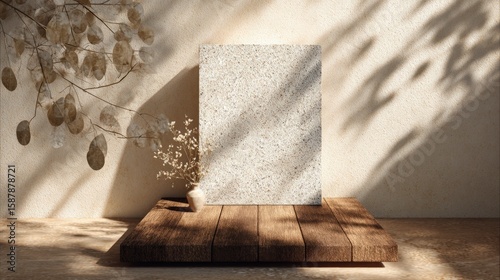 Minimalistic scene with a blank textured canvas on a wooden platform, surrounded by soft shadows and dried flowers in a vase.