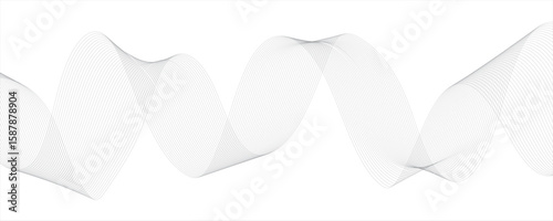 Minimalist abstract wave design consisting of smooth, flowing white and gray lines on a white background.Parallel elliptical lines forming with wave rhythm, harmonious and flowing...
