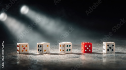 Five dice on a reflective surface, with one red die standing out among white dice, illuminated by dramatic lighting.