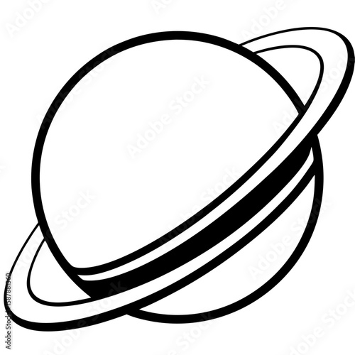 Detailed line art illustration of a planet with prominent rings and subtle shading isolated on white background