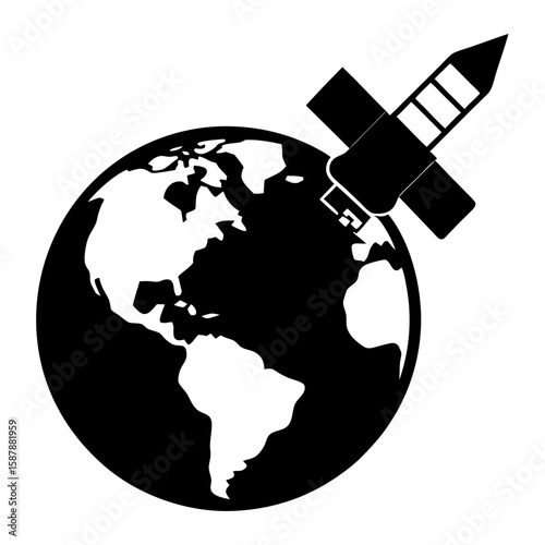 Black silhouette of a satellite orbiting planet earth isolated on white background