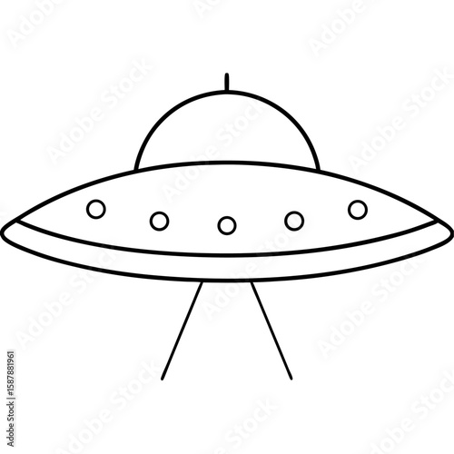 Minimalist line art illustration of a ufo flying saucer with glowing lights isolated on white background