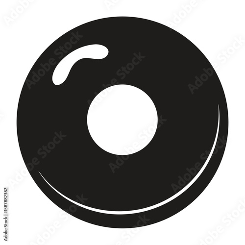A black donut with a hole in the center, a simple icon for sweet treats, food, and bakeries.