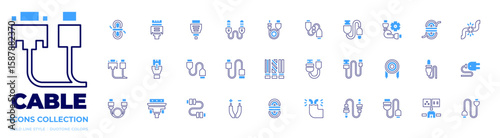 Cable icon collection. Bold line style. Duotone colors. auxiliary cable, broken cable, sound cable, hdmi cable, cable, usb cable, rope, usb, connector