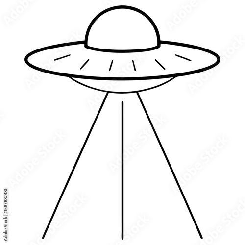 Line art illustration of a hovering ufo with illuminated lights and emanating beams isolated on white background