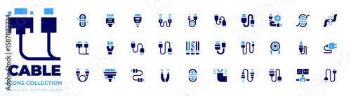 Cable icon collection. Bold style. Duotone colors. auxiliary cable, broken cable, sound cable, hdmi cable, cable, usb cable, rope, usb, connector