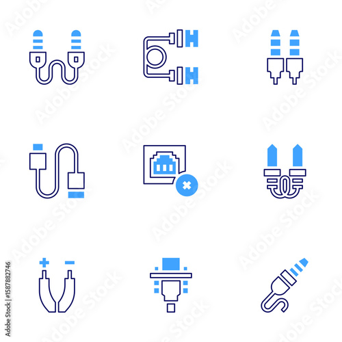 Cable icon set. Bold line style. Duotone colors. Editable stroke. auxiliary cable, usb cable, jack, usb, connection error, audio jack, wires, vga cable