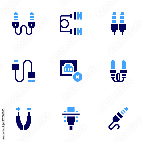 Cable icon set. Bold style. Duotone colors. auxiliary cable, usb cable, jack, usb, connection error, audio jack, wires, vga cable