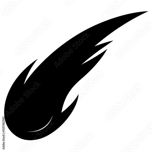 Black silhouette of a comet with a glowing tail isolated on white background